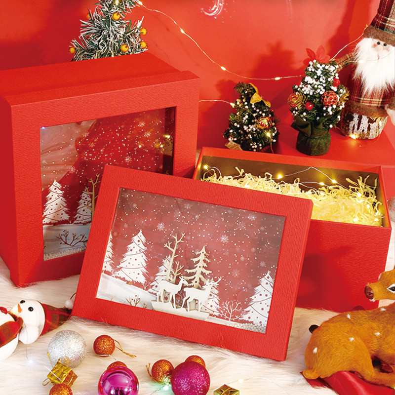 Christmas Gift Package boxes Rigid Red Cardboard Boxes with clear PVC window
